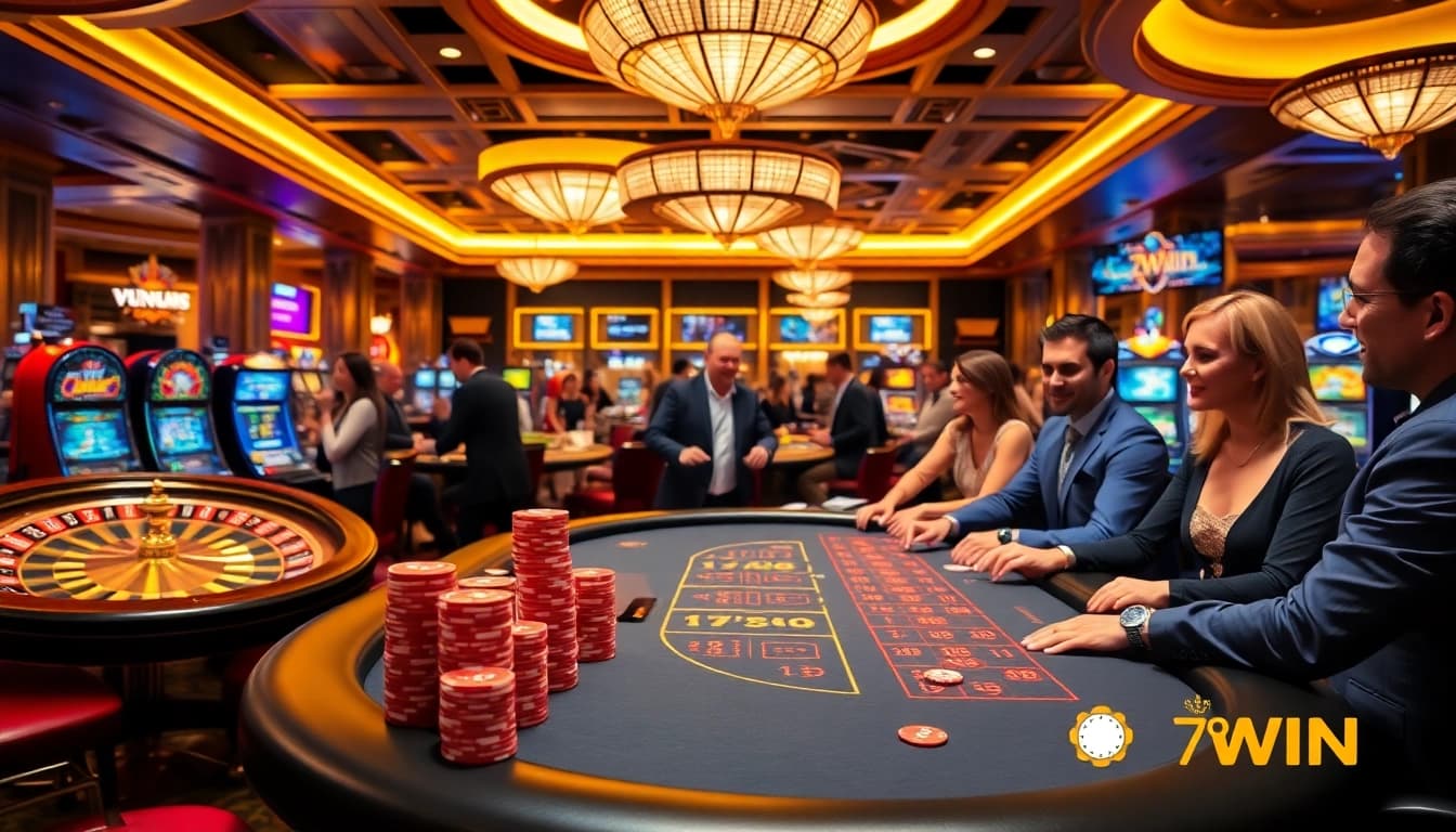 A lively casino scene with players at a poker table and a roulette wheel, highlighting the excitement of 78WIN gaming.