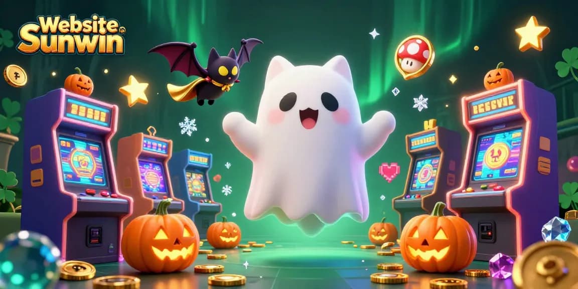 Engage in thrilling games at Website Sunwin amidst ghostly characters, arcade treasures, and vibrant lights.