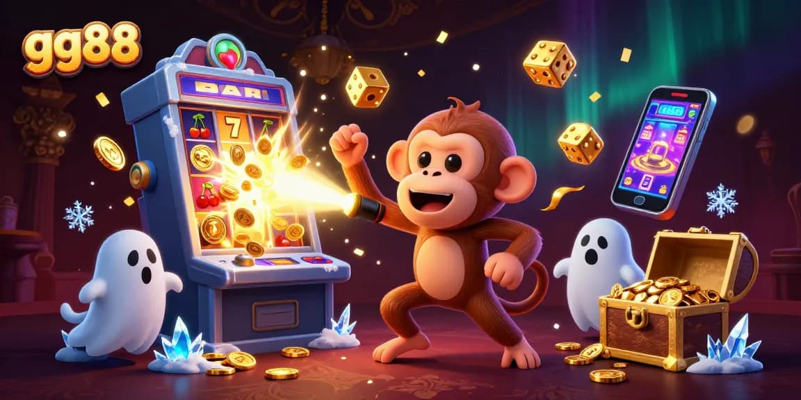Join gg88 in the haunted casino with a playful monkey and a brave puppy on an adventurous jackpot chase.