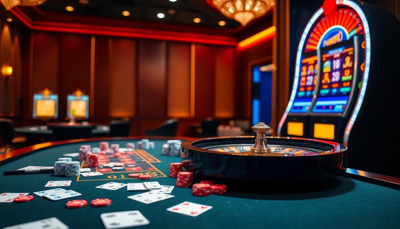Experience the excitement of link OK8386 in a luxurious casino setting featuring gaming tables and slot machines.