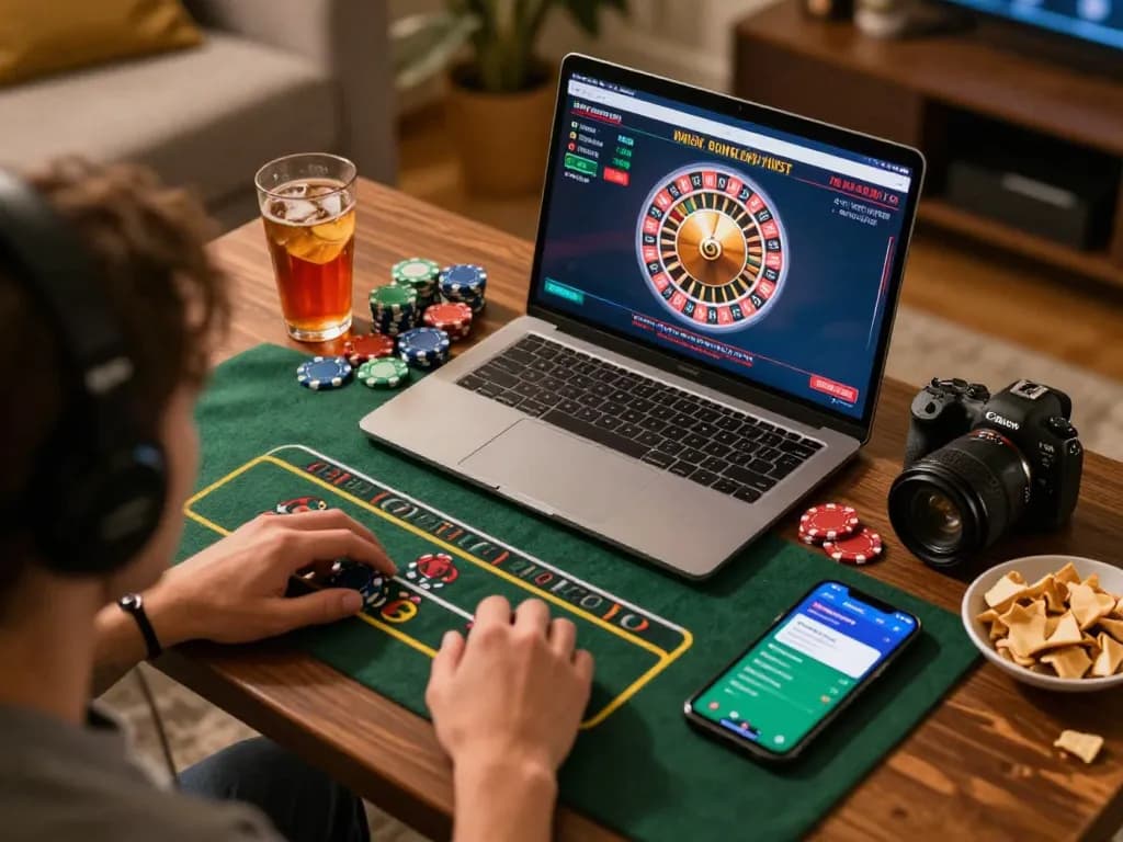 Player engages in live dealer roulette on hay88x laptop in cozy home setting