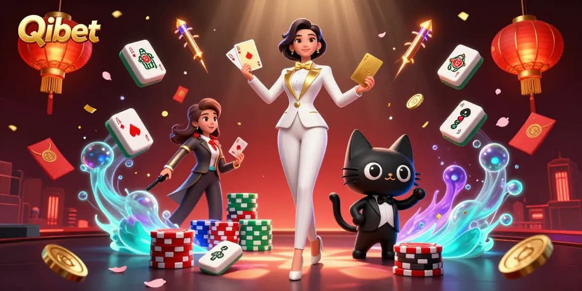 Experience Qibet's thrilling gaming with a glamorous woman and her tuxedoed feline companion at a dynamic casino.
