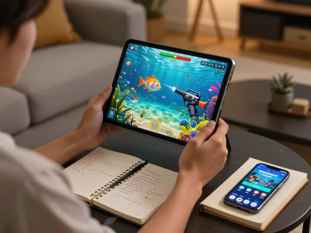 Bắn cá đổi thưởng gameplay on tablet with vibrant underwater scene and cozy atmosphere.
