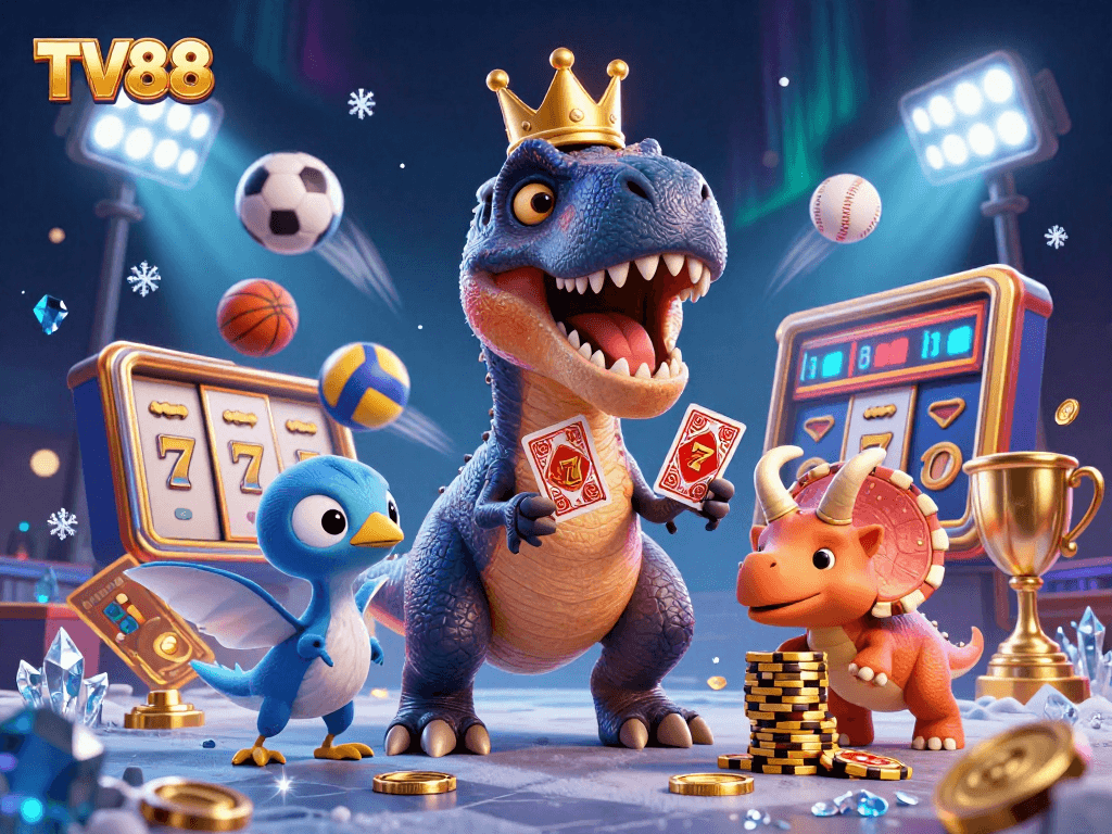 Experience thrilling games at TV88 with our vibrant 3D casino scene featuring playful dinosaurs.