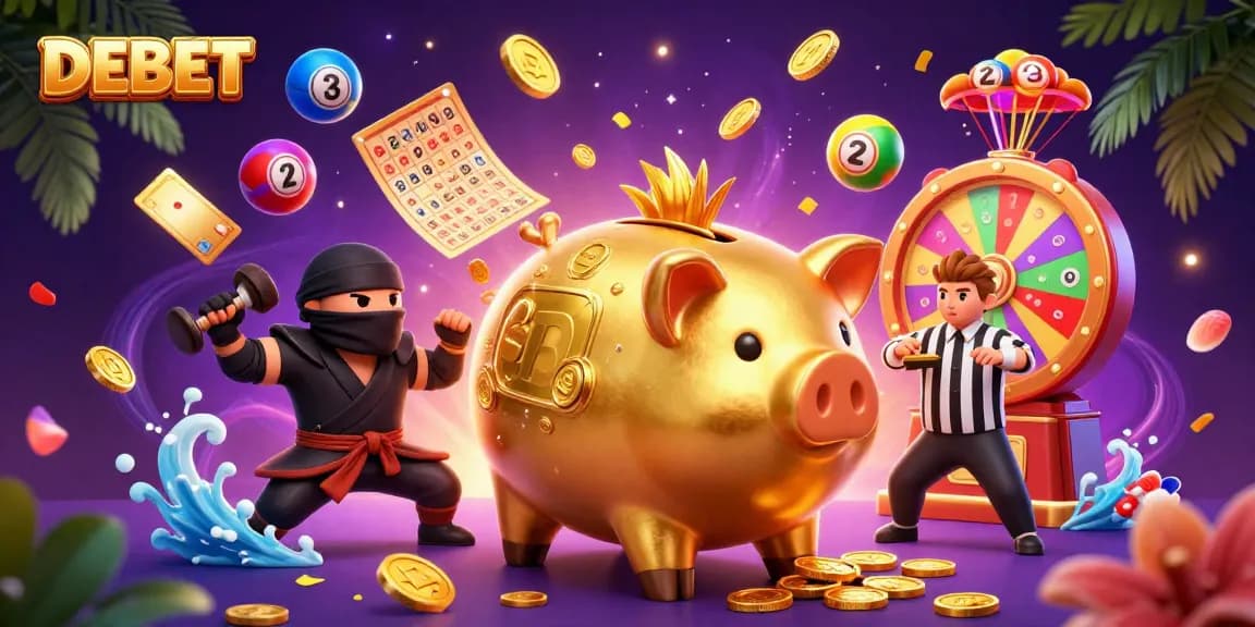 Join the fun at DEBET with a lively scene of characters enjoying gaming excitement!