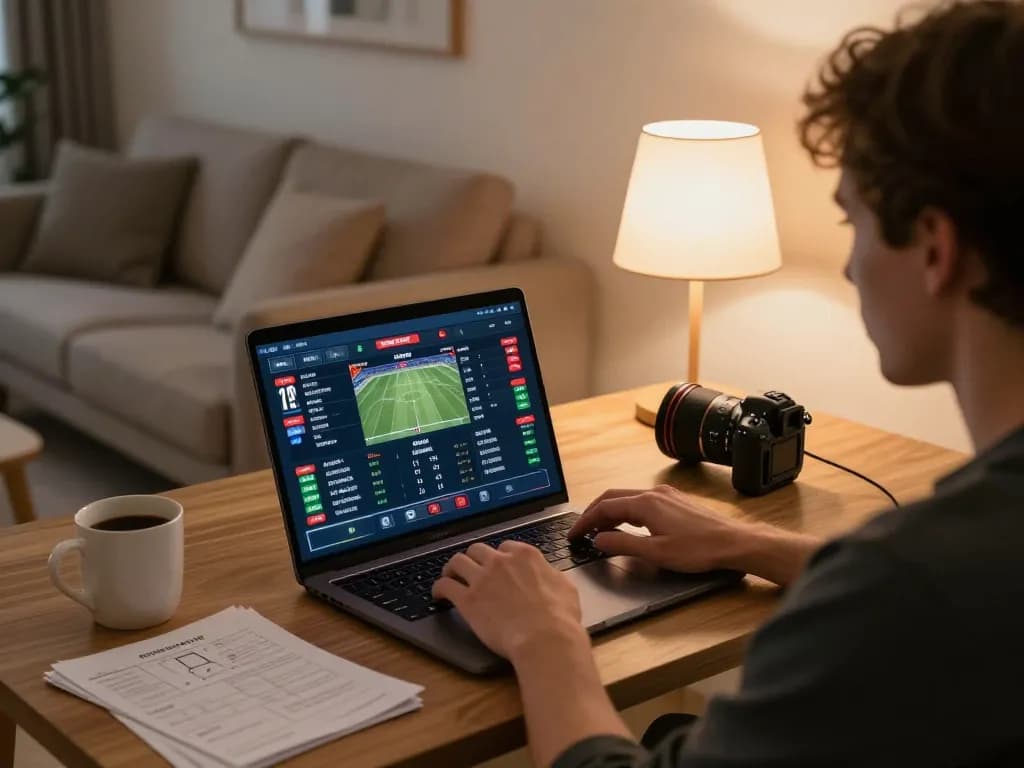 Engaging in sports betting on a laptop at home, showcasing qq88 betting interface.