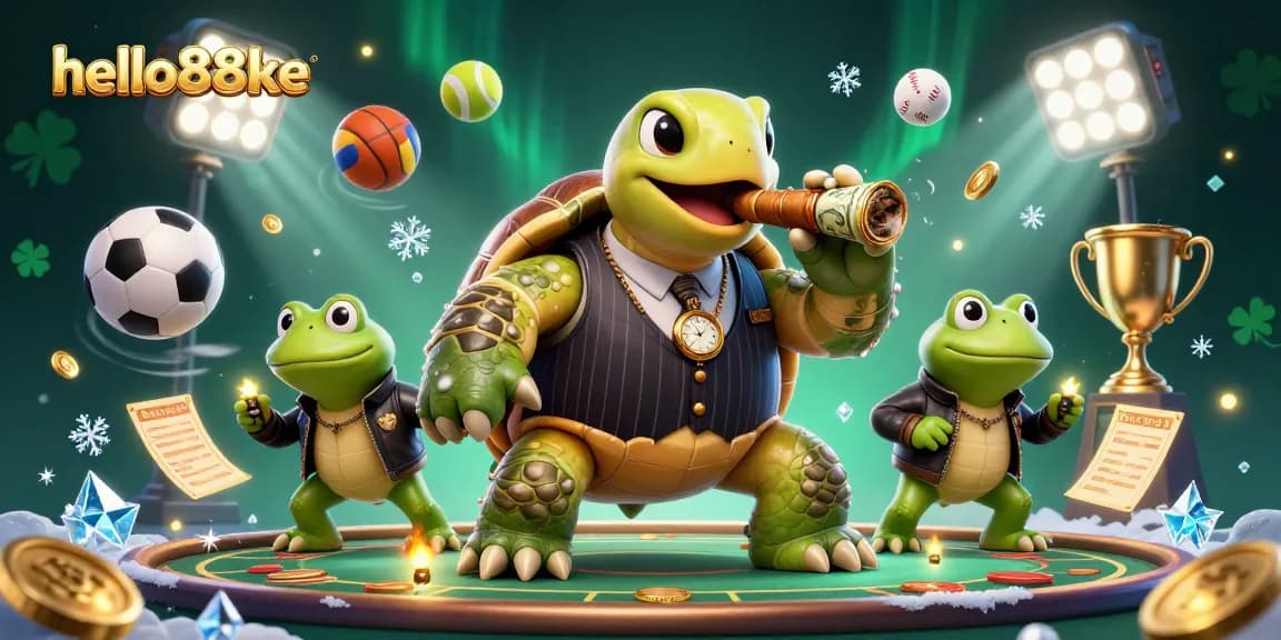 Engage with hello88ke's vibrant casino world featuring a turtle mobster and frog enforcers amidst dynamic betting elements.