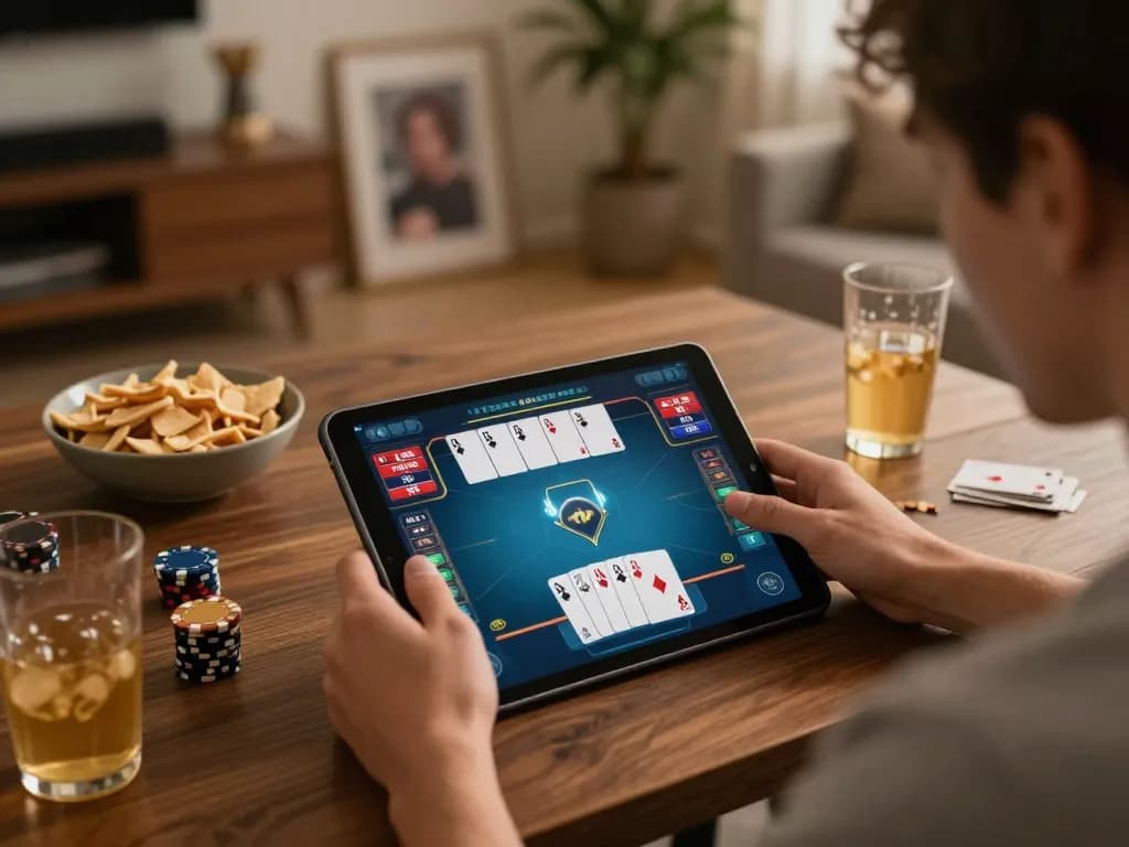 Engaging online poker gameplay at home using a tablet at tại luck8 with vibrant game interface and inviting atmosphere