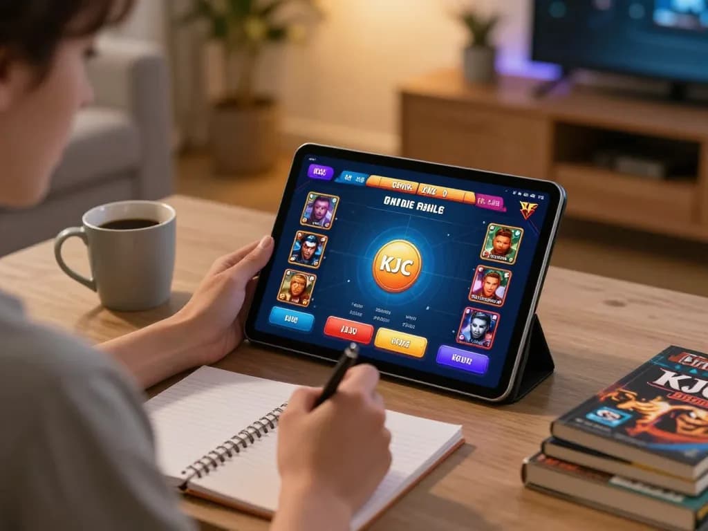 Engaging online casino gameplay on trang chủ kjc with a person using a tablet, warm home atmosphere featuring strategy notes.