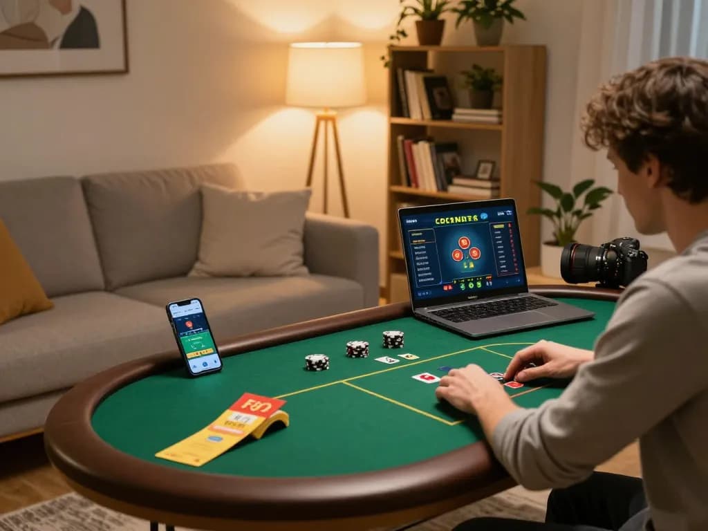 58win user engaging in online gaming with a laptop and smartphone in a cozy living room.