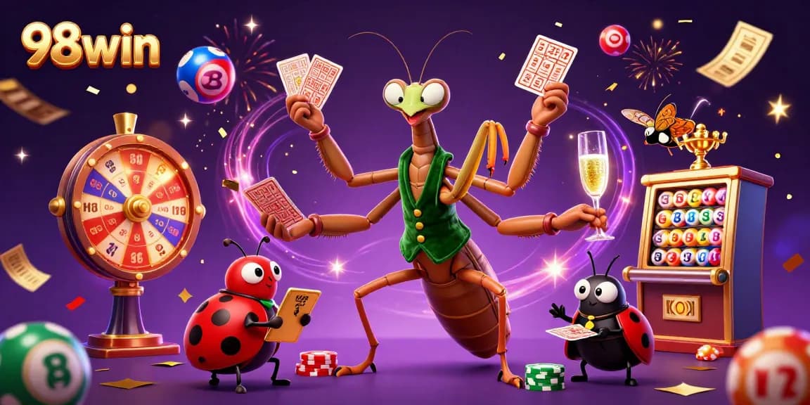 Celebrate wins with 98win's dazzling casino scene featuring vibrant lottery balls and dynamic games.