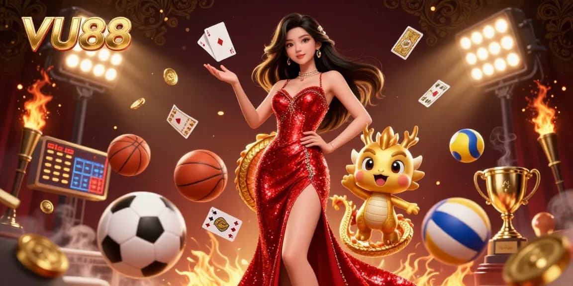 Participate in exciting games at VU88, featuring a glamorous woman welcoming players amidst dynamic casino elements.