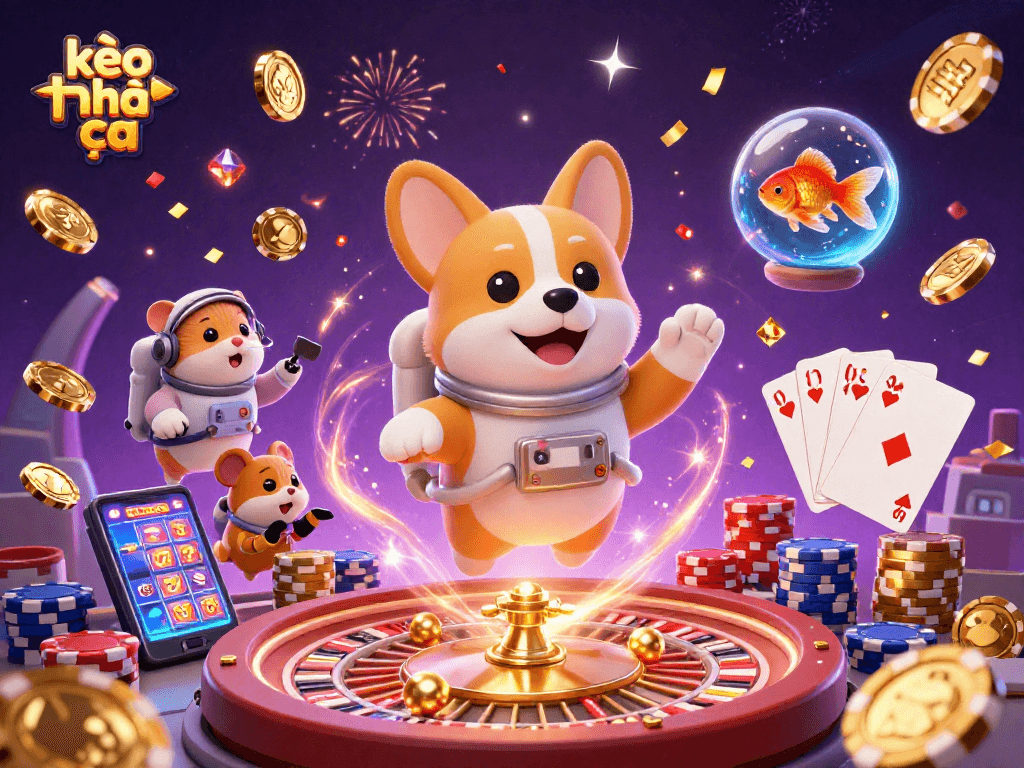 Engaging kèo nhà cái scene with a 3D astronaut corgi and casino elements in zero gravity.