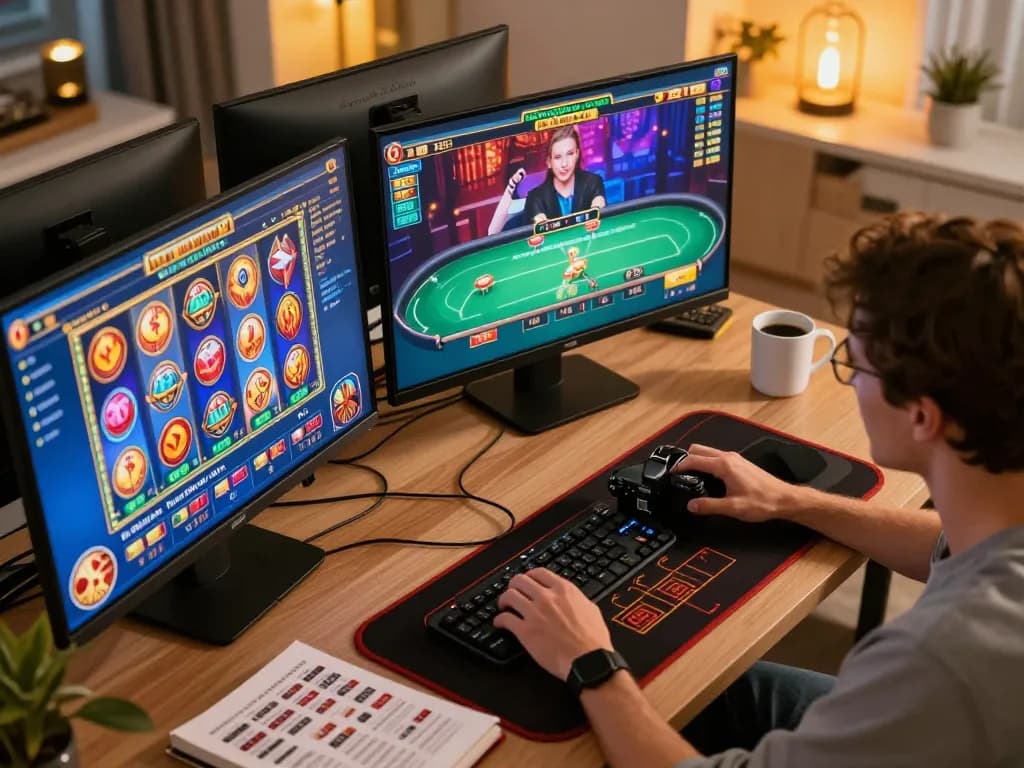 Engaging with interactive casino games on 78WIN platform from a modern home office setup.