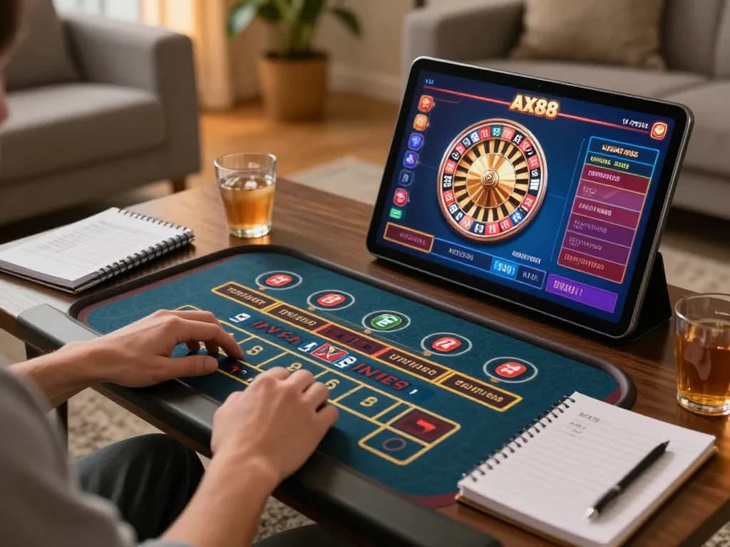 Engaging online casino gameplay on AX88 co tablet in cozy living room setting.