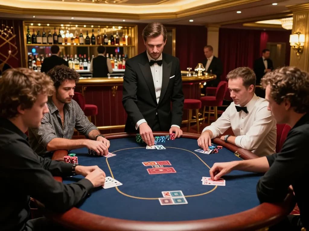 Players engaging in a strategic poker game at nhà cái 58win's luxurious VIP venue, showcasing high-stakes action