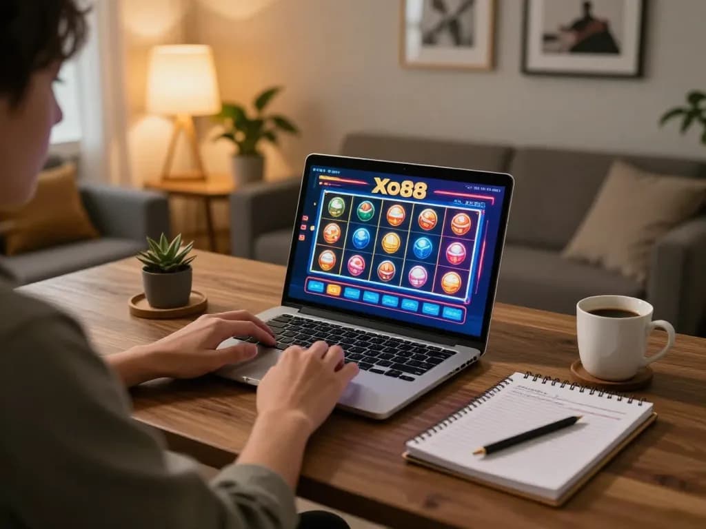 Xo88 player engaged in an exciting online casino session with vibrant game interface and cozy home setup