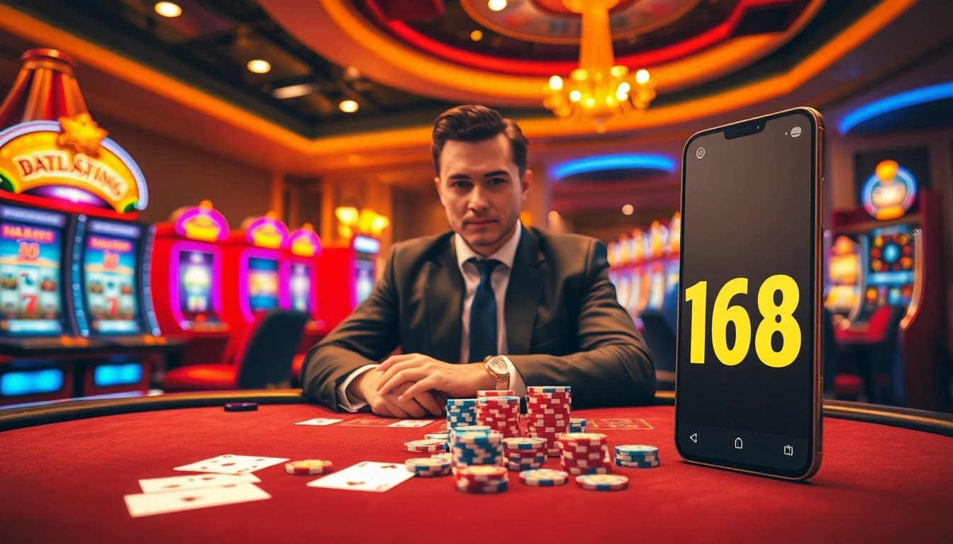 Experience the thrill of f168 đăng nhập at a vibrant casino with engaging poker players and classic slot machines.