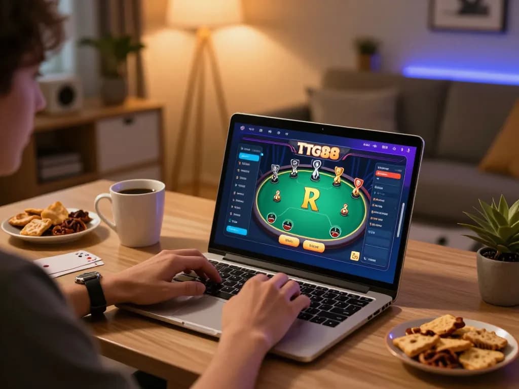 Engaging in tg88 game from a cozy home setting with a laptop and snacks