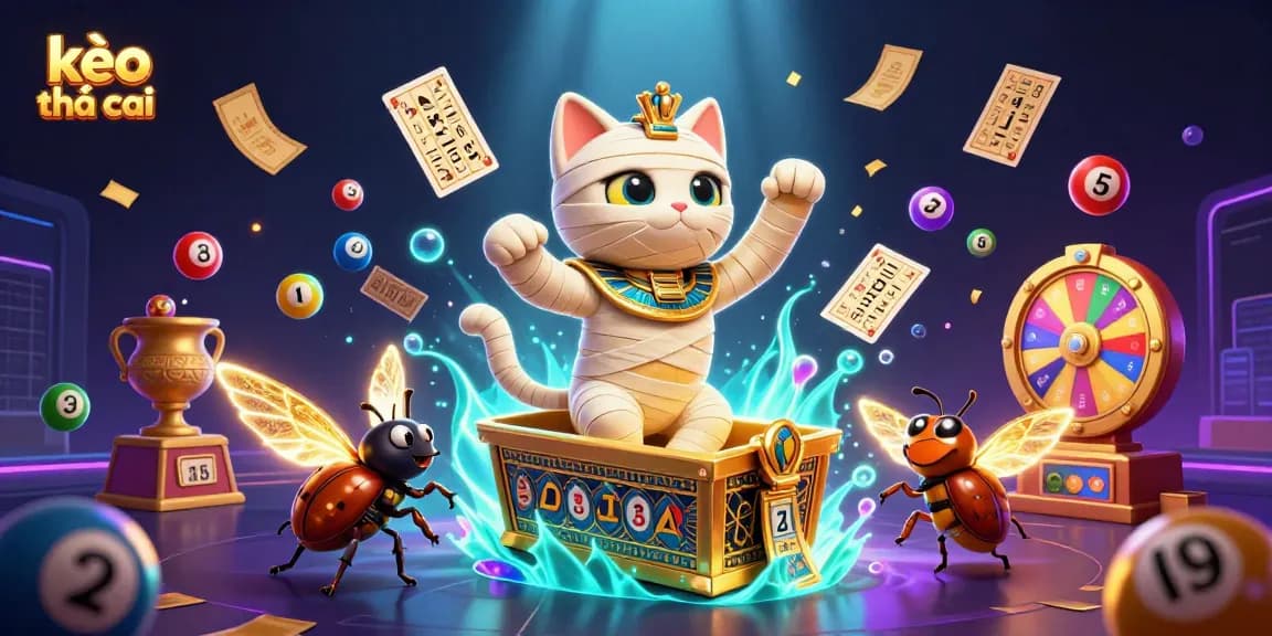 Experience thrilling kèo nhà cái excitement with an illustrated Egyptian mummy cat bursting in a vibrant casino.