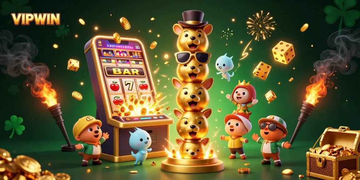 Experience the thrill of VIPWIN with a vibrant 3D casino scene filled with golden totems and explosive jackpots.