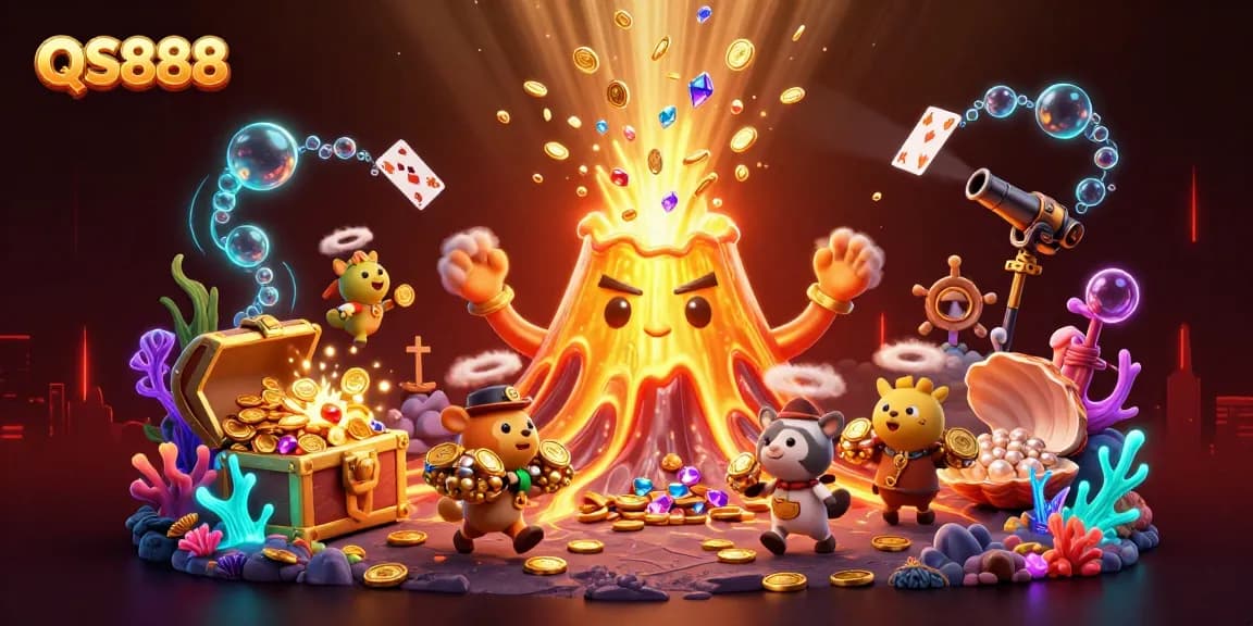 Experience the thrilling QS888 casino adventure with a golden volcano and treasure-filled scene.