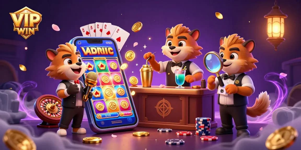 Experience the vibrant comedy casino atmosphere at VIPWIN, where hyenas entertain as a comedian and bartender amidst dynamic gaming elements.