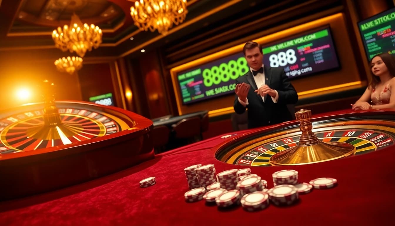Experience the thrill of gambling at 888new com with an elegant casino scene featuring roulette and poker.