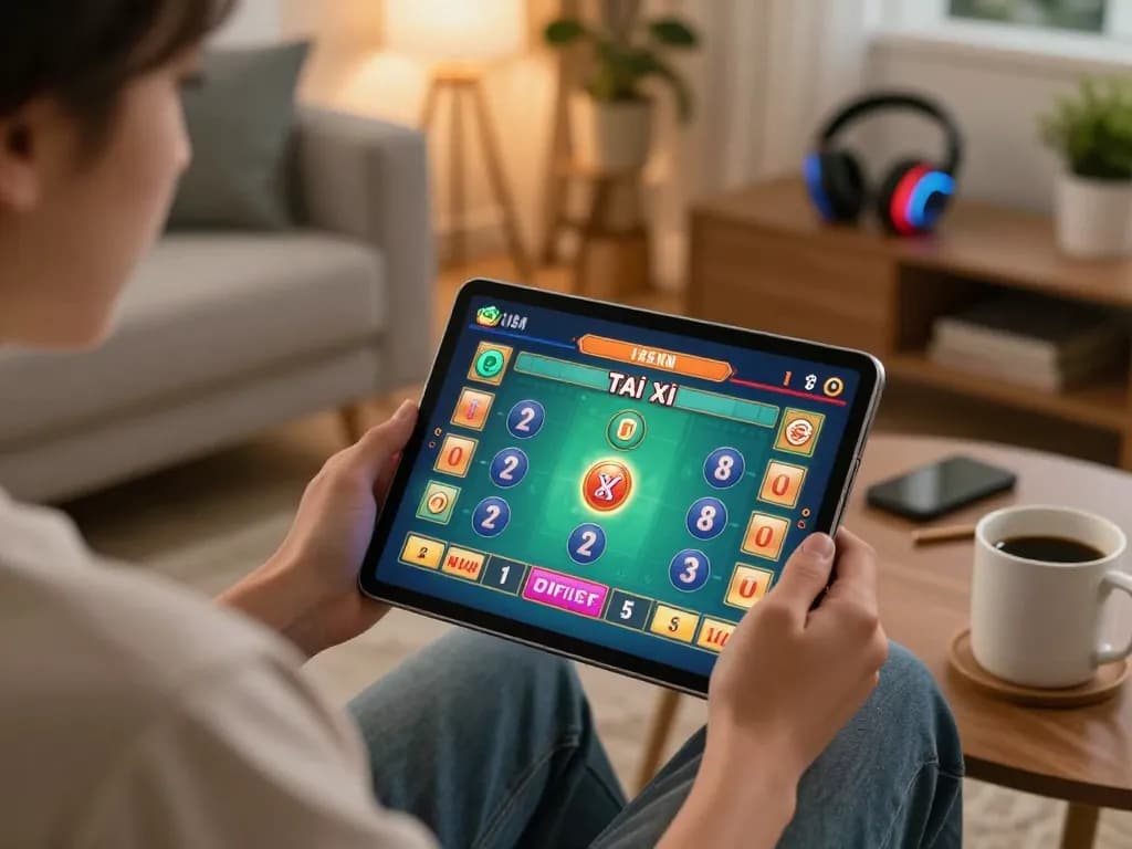 Engaging in tài xỉu online gameplay on a tablet in a cozy living room setting.