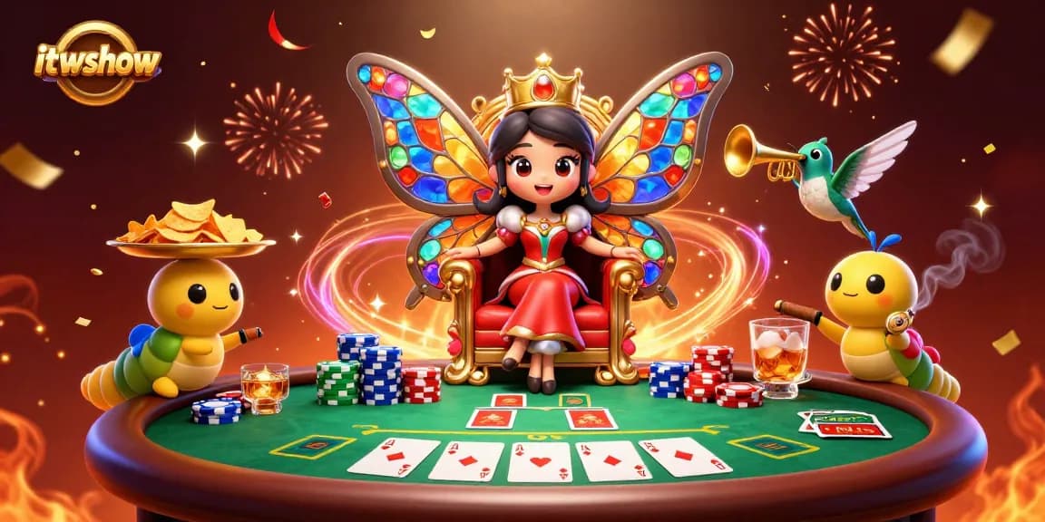 Experience vibrant gaming with itwshow's dynamic casino scene featuring a butterfly queen and poker elements.