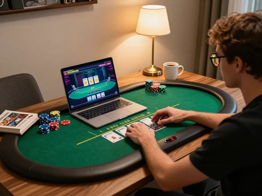 Hitclub player engaging in online poker from a stylish home setup, enjoying the strategic gaming experience