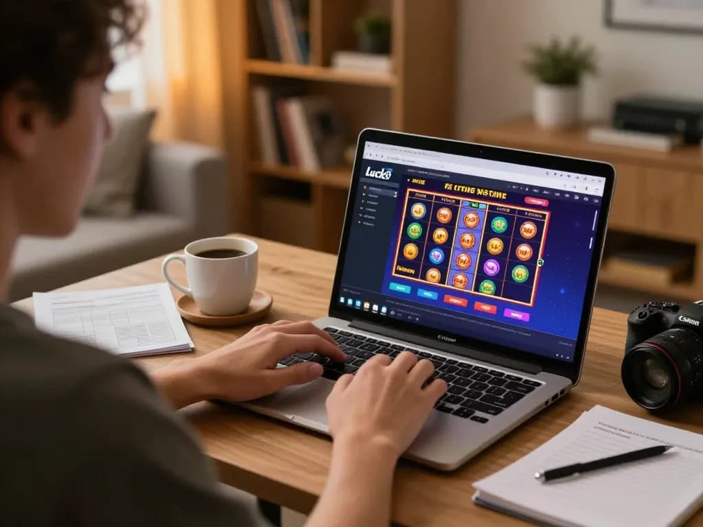 Experience slots gameplay on Luck8 with a cozy home setup emphasizing responsible gaming.