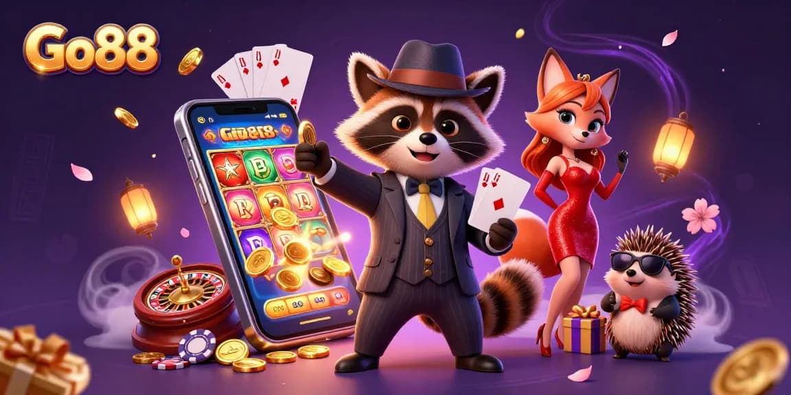 Go88's thrilling gaming scene showcases a raccoon and fox enjoying a casino experience with vibrant slots and excitement.