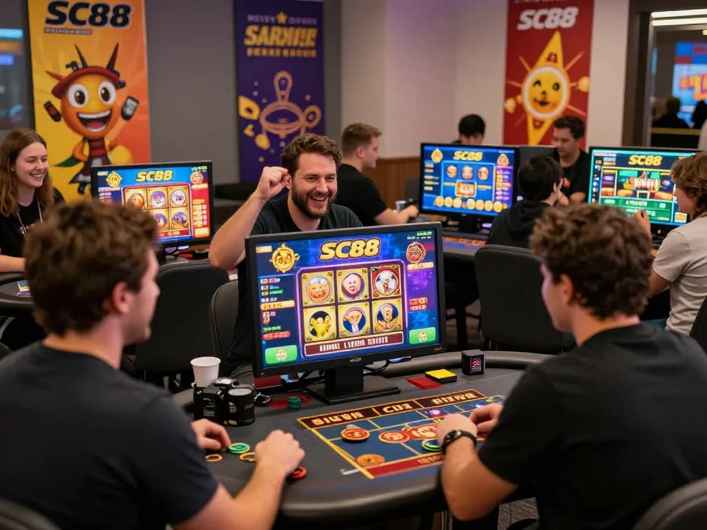 Players engaging with SC88 online gaming platform, showcasing excitement in a modern gambling lounge.