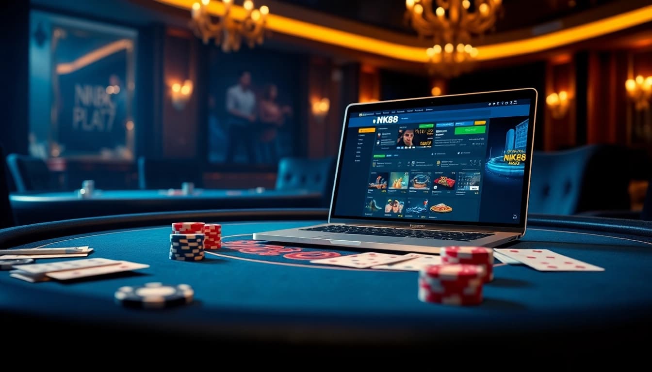 Engage with the NK88 online betting interface in an elegant casino setting, featuring vibrant poker elements.