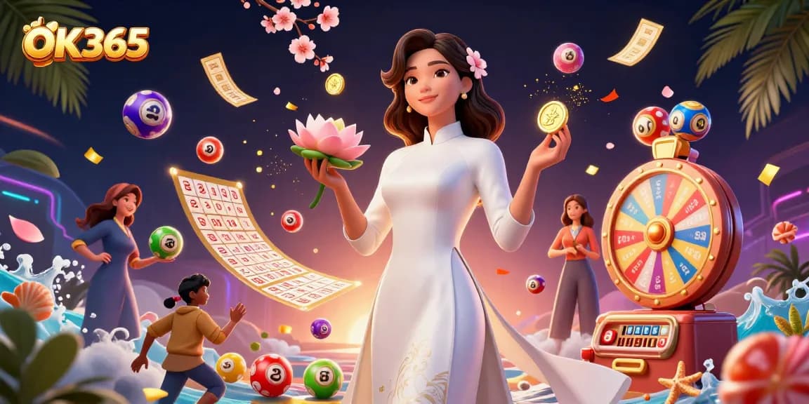 Experience the excitement of OK365 with vibrant lottery elements and a serene Vietnamese character.
