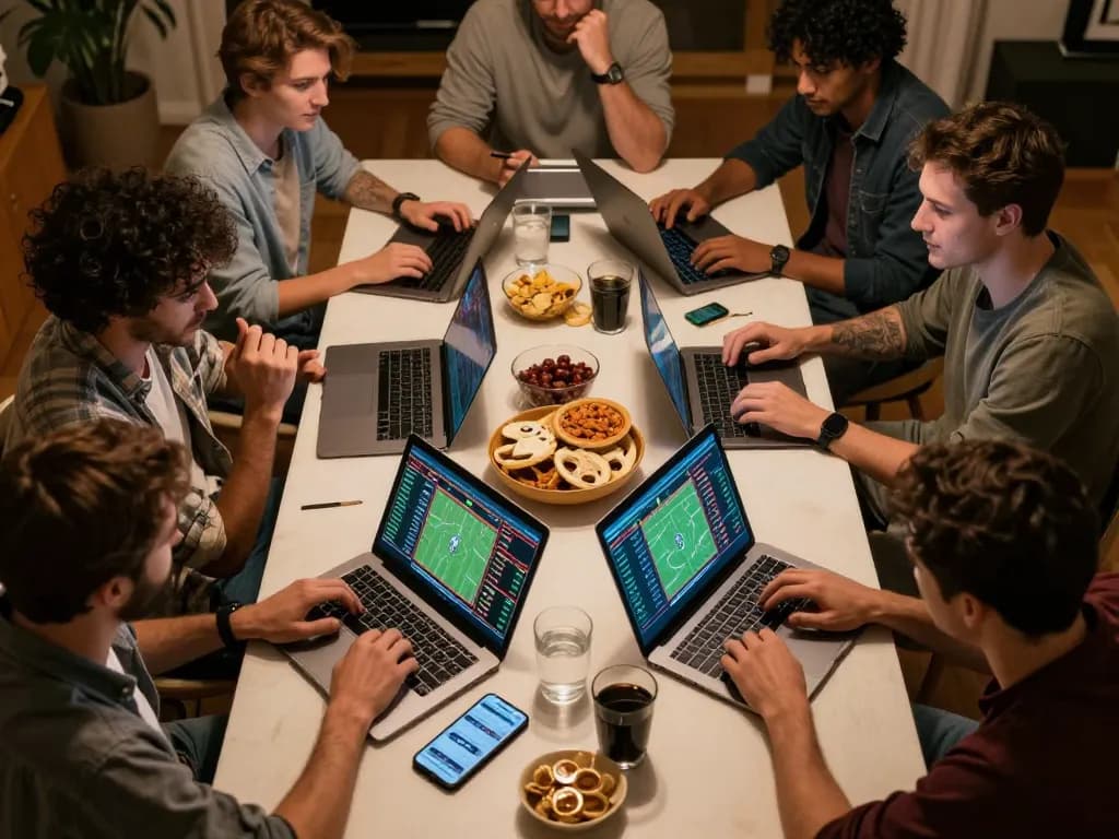 Bongdalu sports betting excitement during a lively home gathering, friends analyzing odds and statistics.