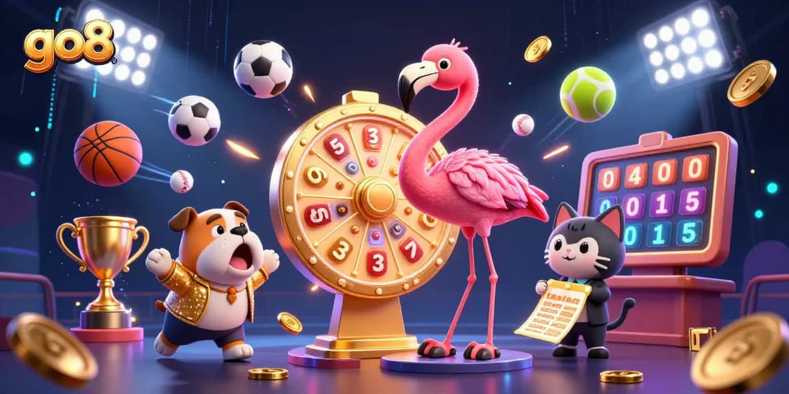 Play exciting games at go8 with a dynamic and colorful casino scene showcasing various sports activities and prizes.