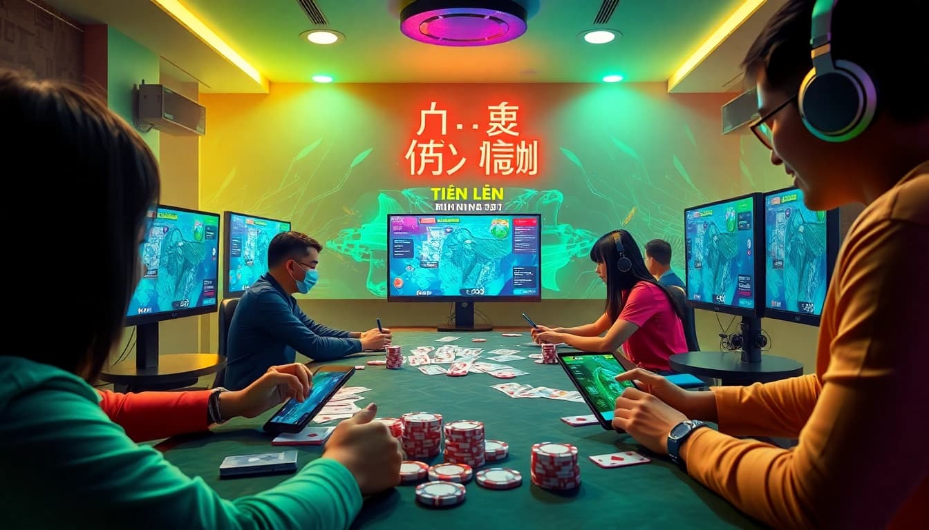 Engaging virtual gaming scene at gamebaidoithuong.com.vc featuring card players and 3D graphics.
