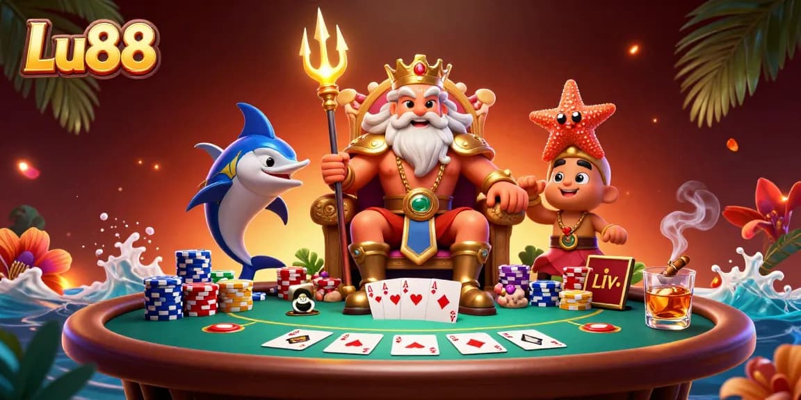Experience high-stakes action at Lu88 with a vibrant casino scene featuring sea king Neptune and poker excitement.