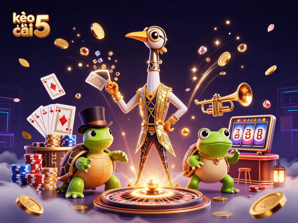Experience kèo nhà cái 5 with vibrant casino art, featuring a lively scene of iconic characters and dynamic game elements.