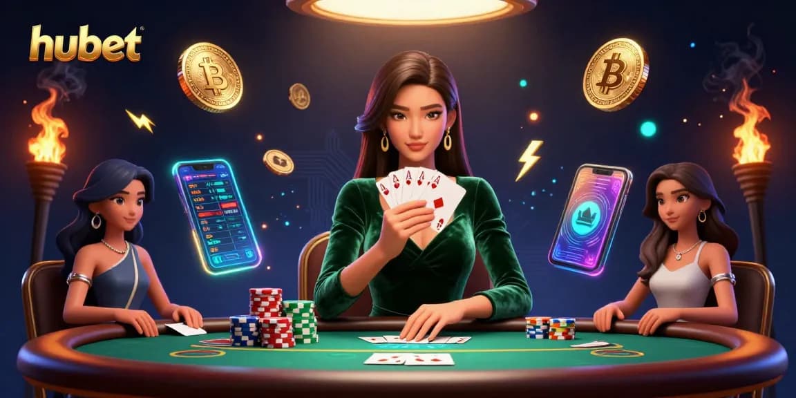 Engaging gameplay at hubet, featuring a player with cards and cryptocurrency elements in a vibrant casino scene.