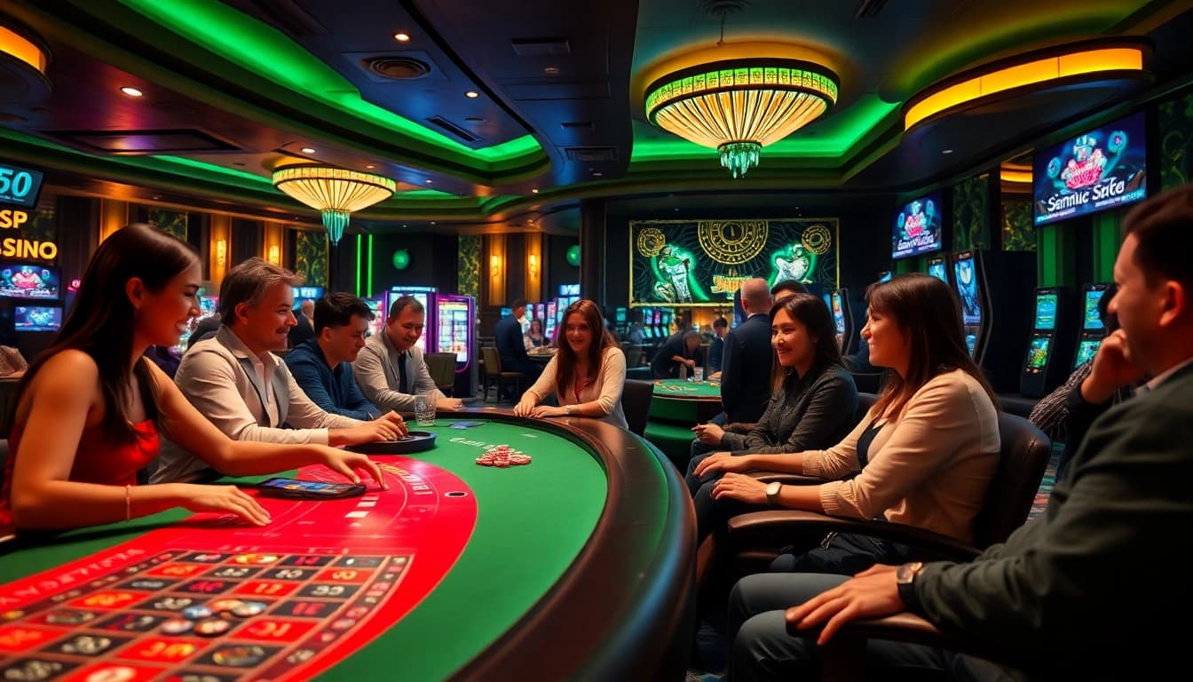 סצנת משחקי Stake Casino עם שחקנים שנהנים מאווירה תוססת וטכנולוגיה מודרנית