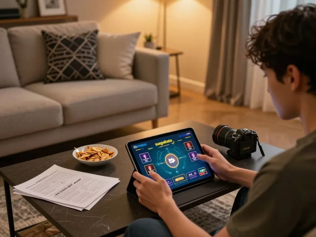 Engaging with apk sungaitoto on a tablet in a cozy home gaming setup, emphasizing strategic play and responsible entertainment.