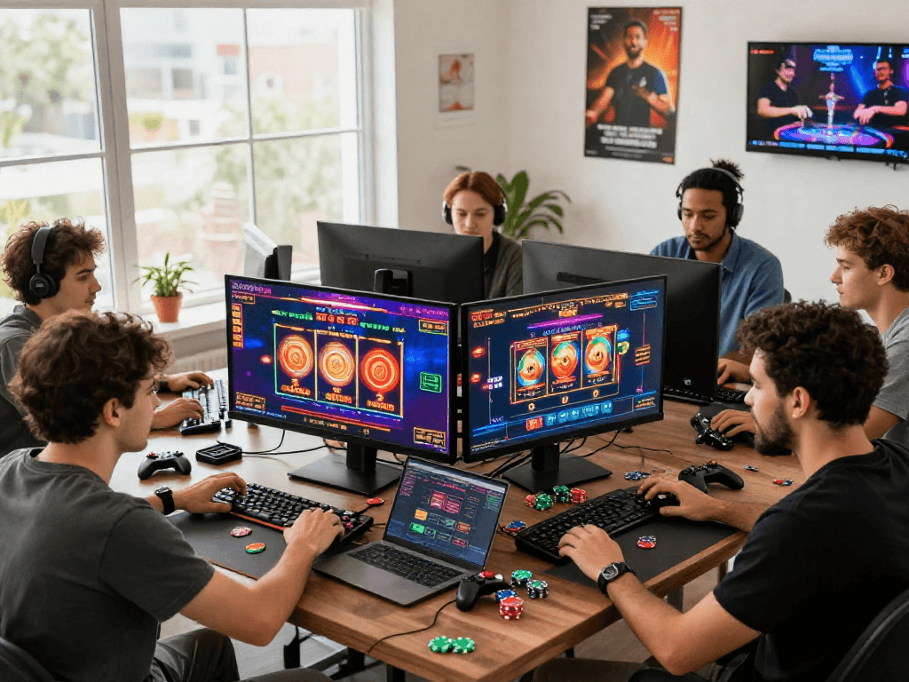 Enjoying gaming sessions at home with friends at https://ghsc.co.uk, featuring vibrant online casino visuals and accessories.