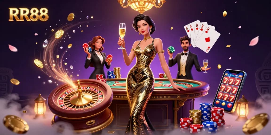 Win big at RR88 with a glamorous Asian woman celebrating victories at a luxurious casino table, enjoying captivating games.