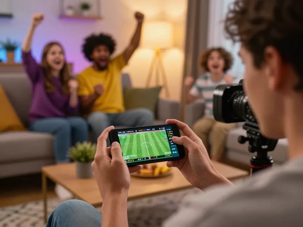 Socolive user engaging with live football match on smartphone in a cozy home environment.