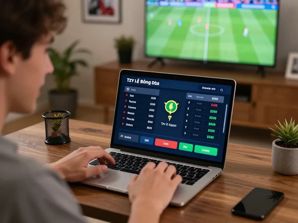 Tỷ Lệ Bóng Đá sports betting scene with excited user engaging with live odds on laptop