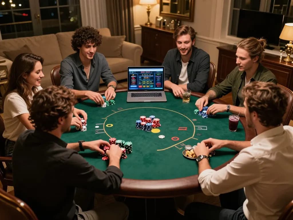 Engaged friends playing poker online with qh88go, showcasing intense gameplay and high-stakes chips.
