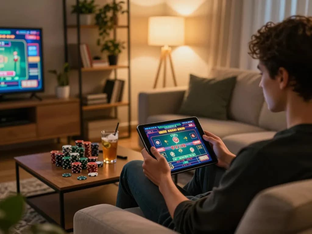Engaging online gaming experience at home with tg887 tablet displaying vibrant casino interface.